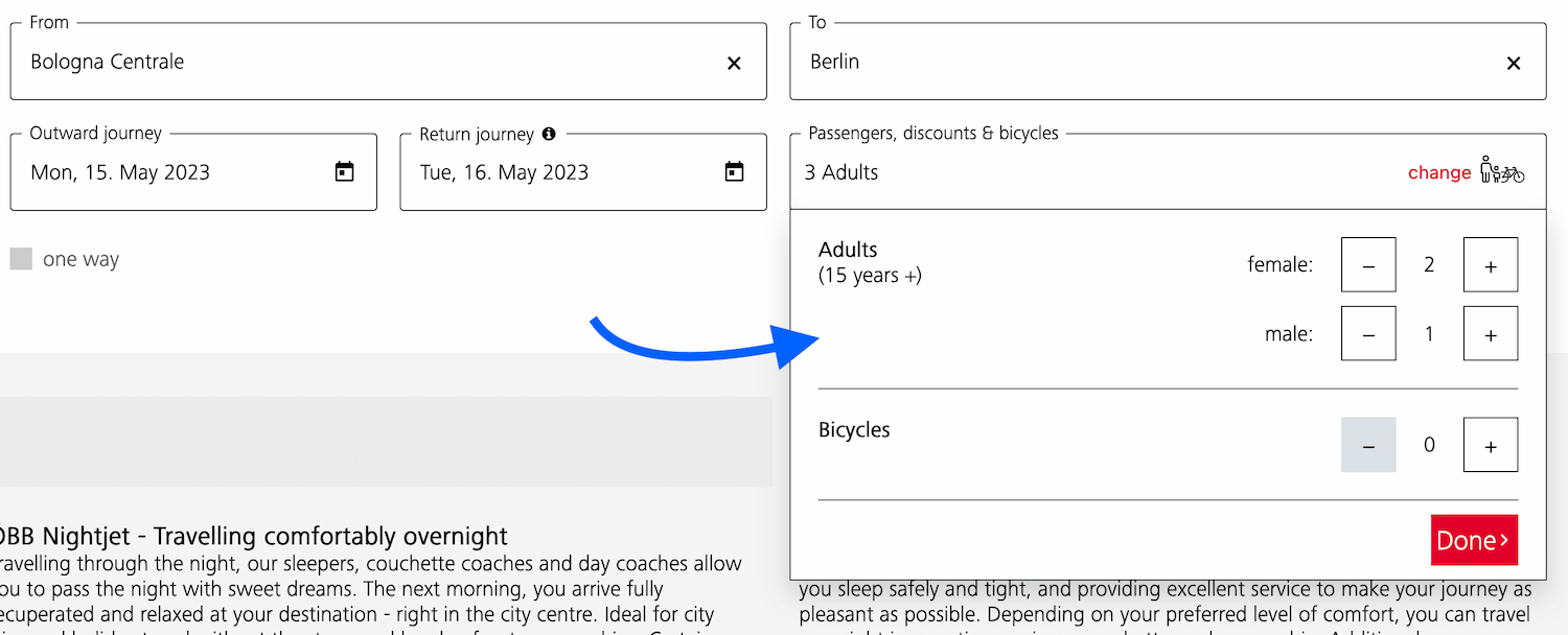 booking form that shows train selected from bologna to berlin, with passengers dialog opened that allows selection of how many adults and how many bicycles and includes a Done button