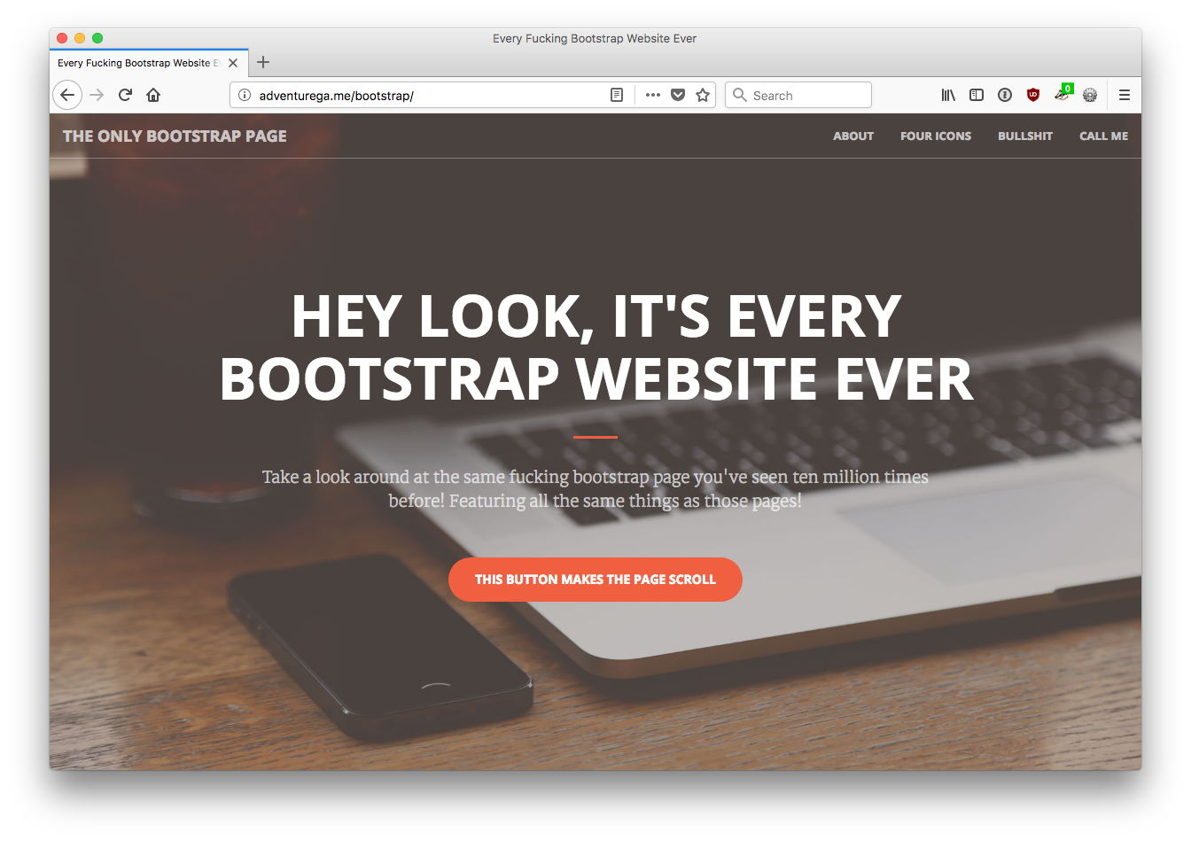 Screenshot of website that says Hey look, it is every Bootstrap website ever