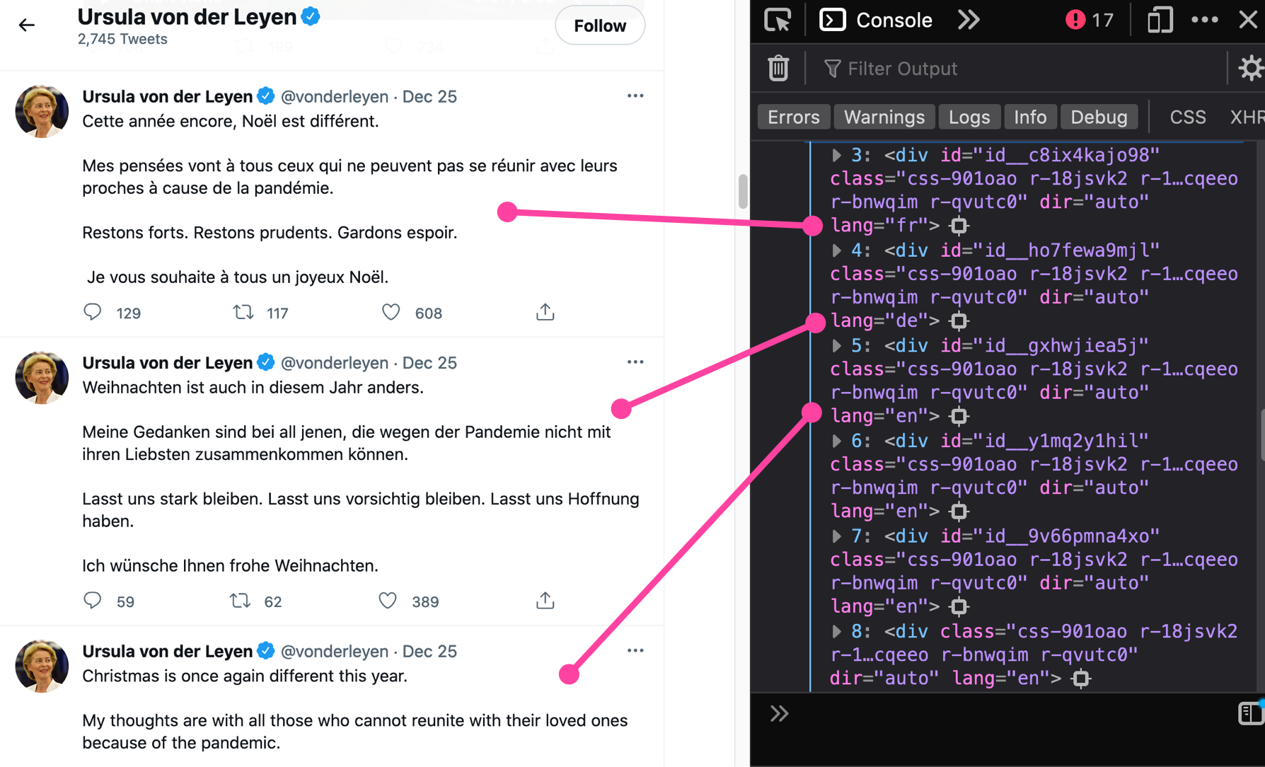 three tweets by Ursula  von der Leyen, in French, German and English with dev tools open and each tweet pointing to the lang attribute in the markup